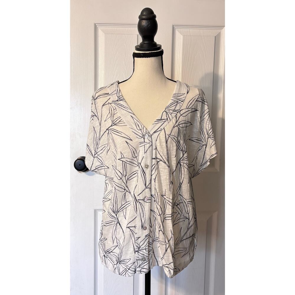 Cynthia Rowley Button Down Shirt Women's XL Cap Sleeves V-Neck Plant Print